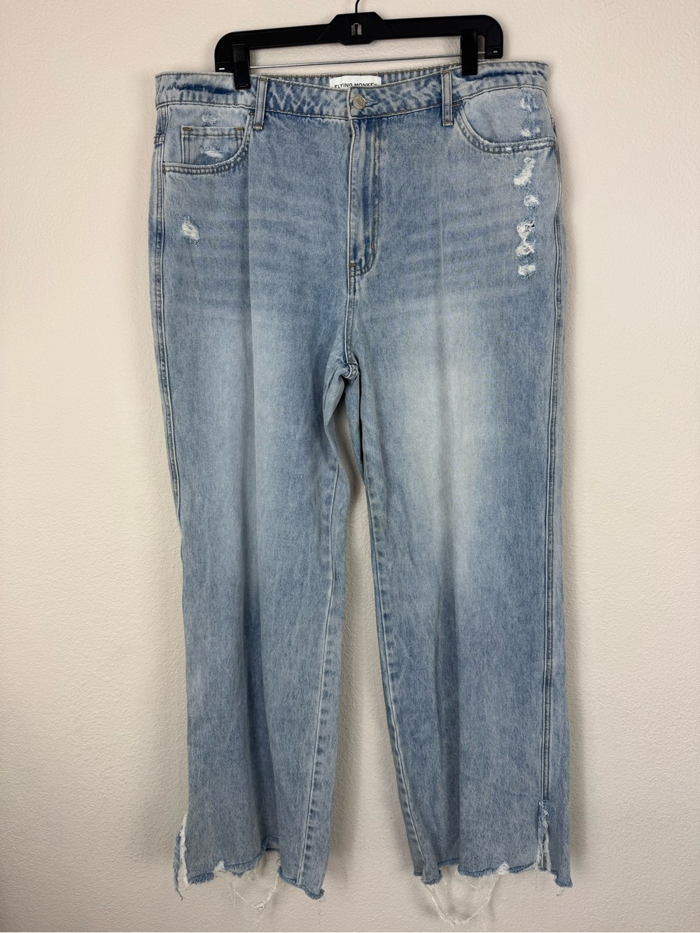 Flying Monkey Buckle Vintage Straight 100% Cotton Light Wash Raw Hem Denim Jeans